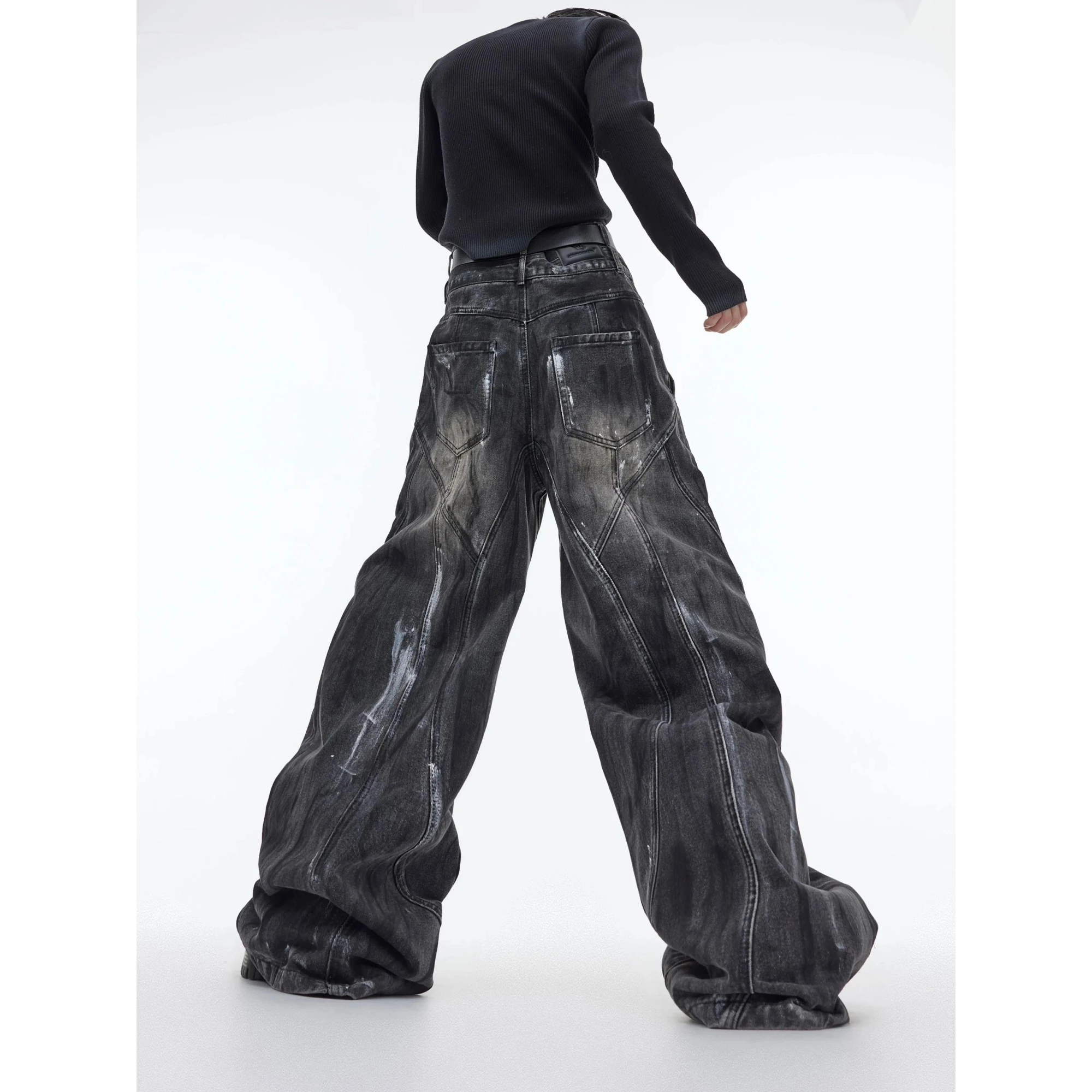 Retro Distressed Wide Leg Loose Jeans Hand-Painted High Waist Casual Pants Fashionable Urban Cotton Polyester Blend