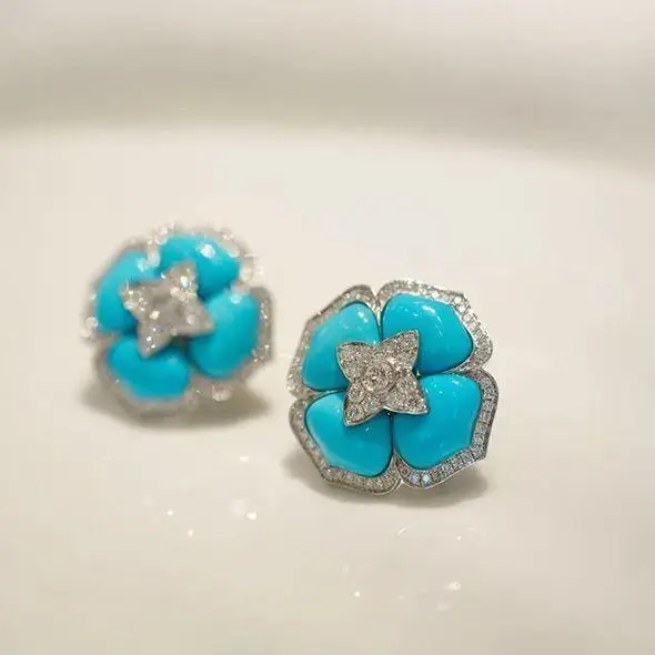 925 Sterling Silver Set Synthetic America Blue Turquoise Flower Ear Stud Simple Earring Tourquise Earring Fine Jewelry Wholesale