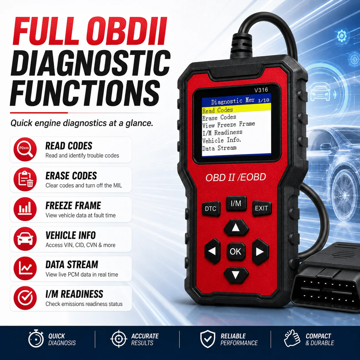 2026 Newest V315 OBD2 Scanner Car Code Reader, Plug & Play OBDII Diagnostic Scan Tool, Read & Erase Fault Codes, Live Data Strea