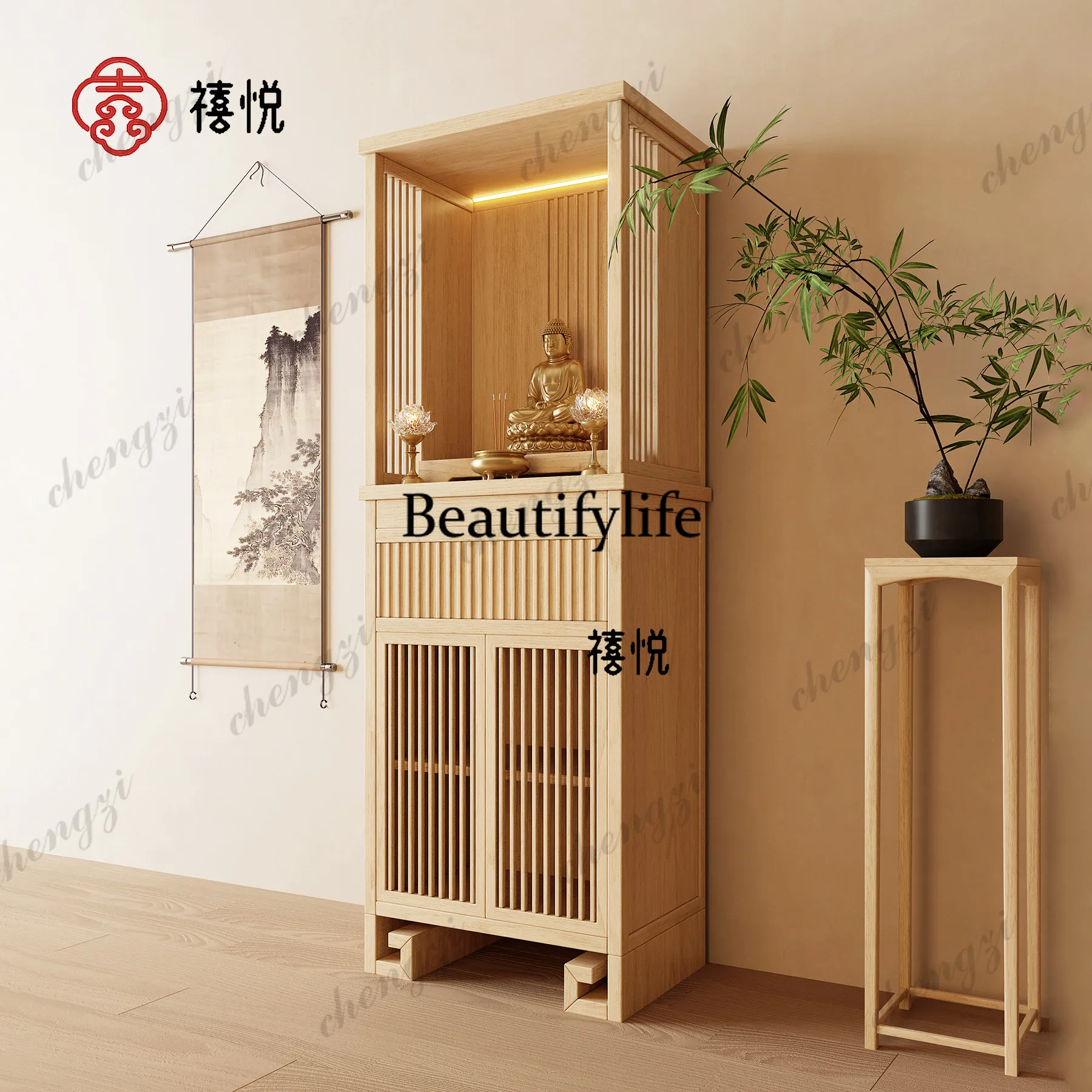 Buddhist niche new Chinese solid wood vertical cabinet Guanyin Buddha statue for home use  God of Wealth cabinet customization
