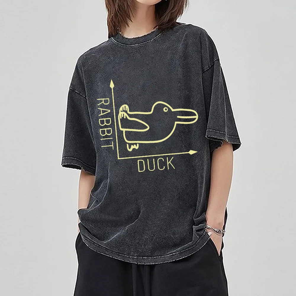 

Rabbit or Duck Graphic Tees Retro Washed Hip Hop T-shirts Streetwear 2024 New Women's Clothing Four Seasons Tops Tees