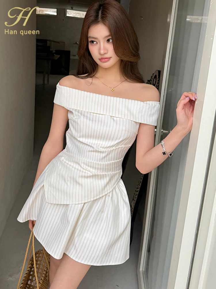 H Han Queen Summer New Sexy Casual Simple 2 Piece Set Striped Slash Neck Top+Puff Short Skirt Holiday Prom Skirt Suit