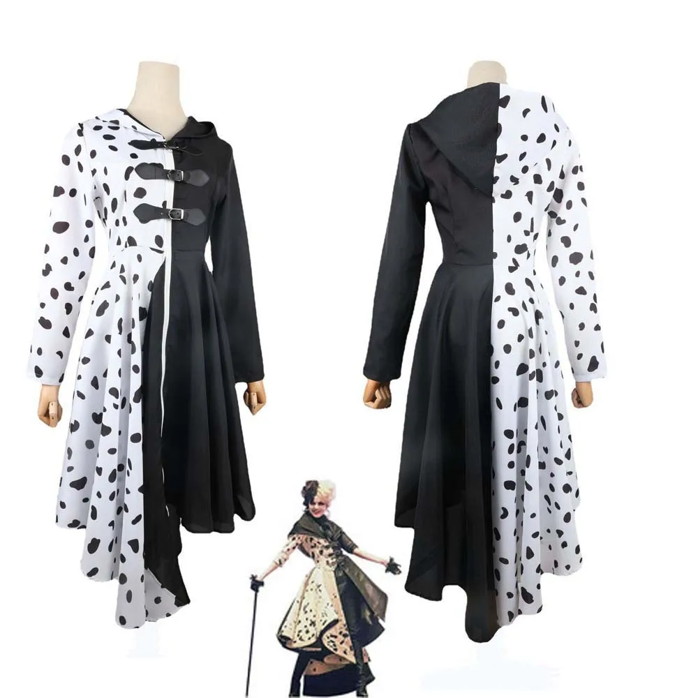 Cruella Deville fantasia cosplay para meninas, macacão preto dálmata, vestir, festa de Halloween, 4 a 12 anos