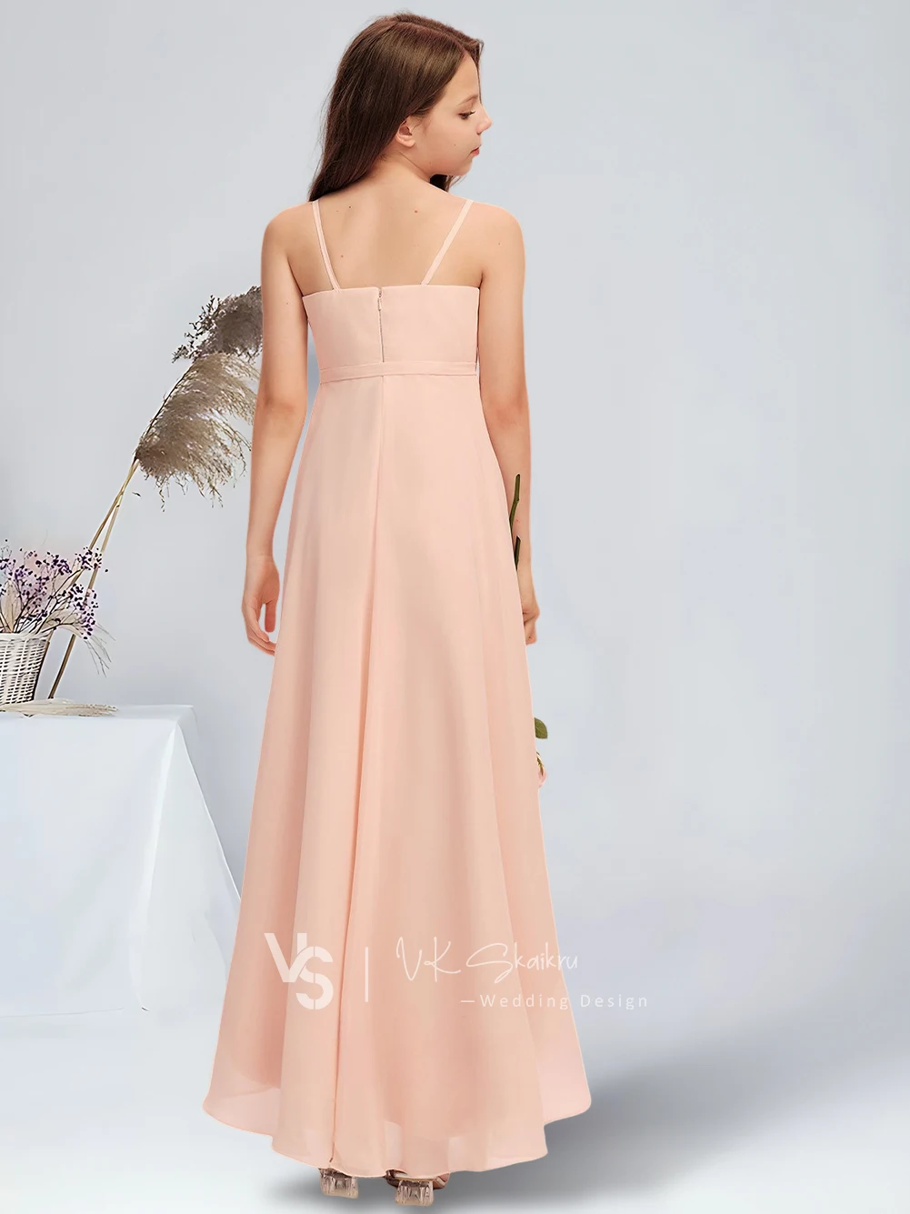 A-line V-Neck Asymmetrical Chiffon Junior Bridesmaid Dress With Cascading Ruffles Pearl Pink Flower Girl Dress for Wedding Teens