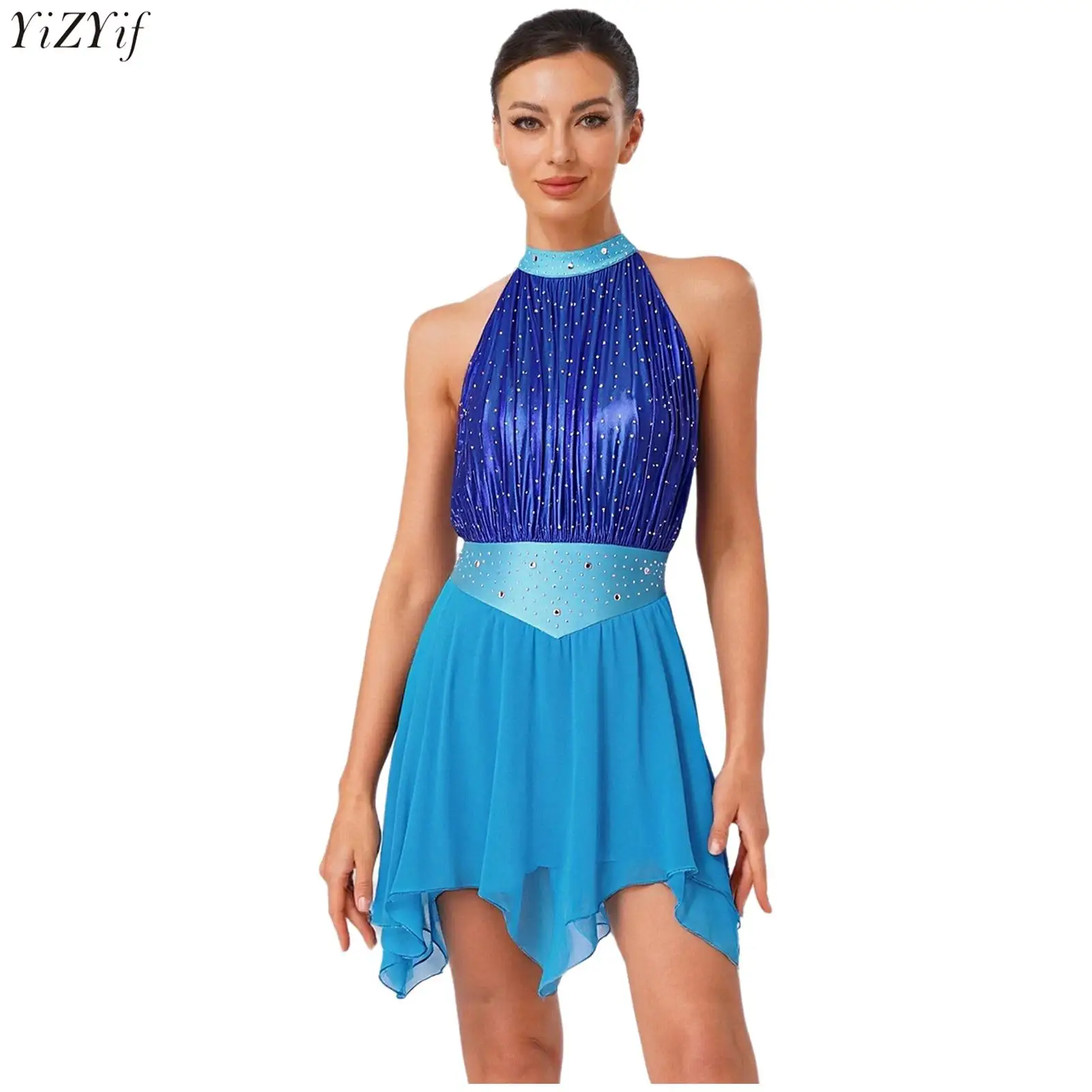 

Womens Contemporary Lyrical Dance Dress Shiny Metallic Ruched Mesh Rhinestones Irregular Hem Sleeveless Backless Leotard Dress