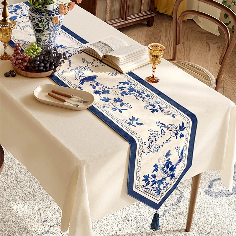 

Chinese Blue Flower Table Runner Retro Ink Tassel Atmosphere Elegant Diningtable Tablecloth Home Decoration Tearoom Tablerunner