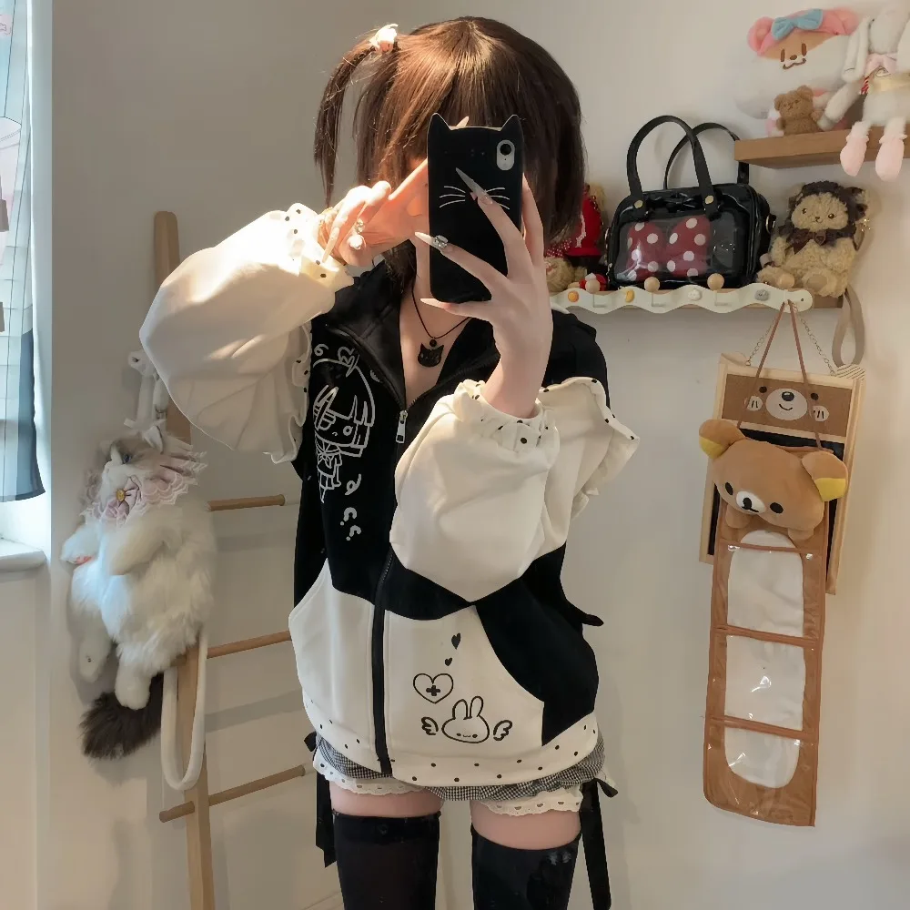 Autumn New Polka Dot Ears Cute Cartoon Print Color Block Zipper Hooded Jacket Women Loose Long Sleeve Coat Women