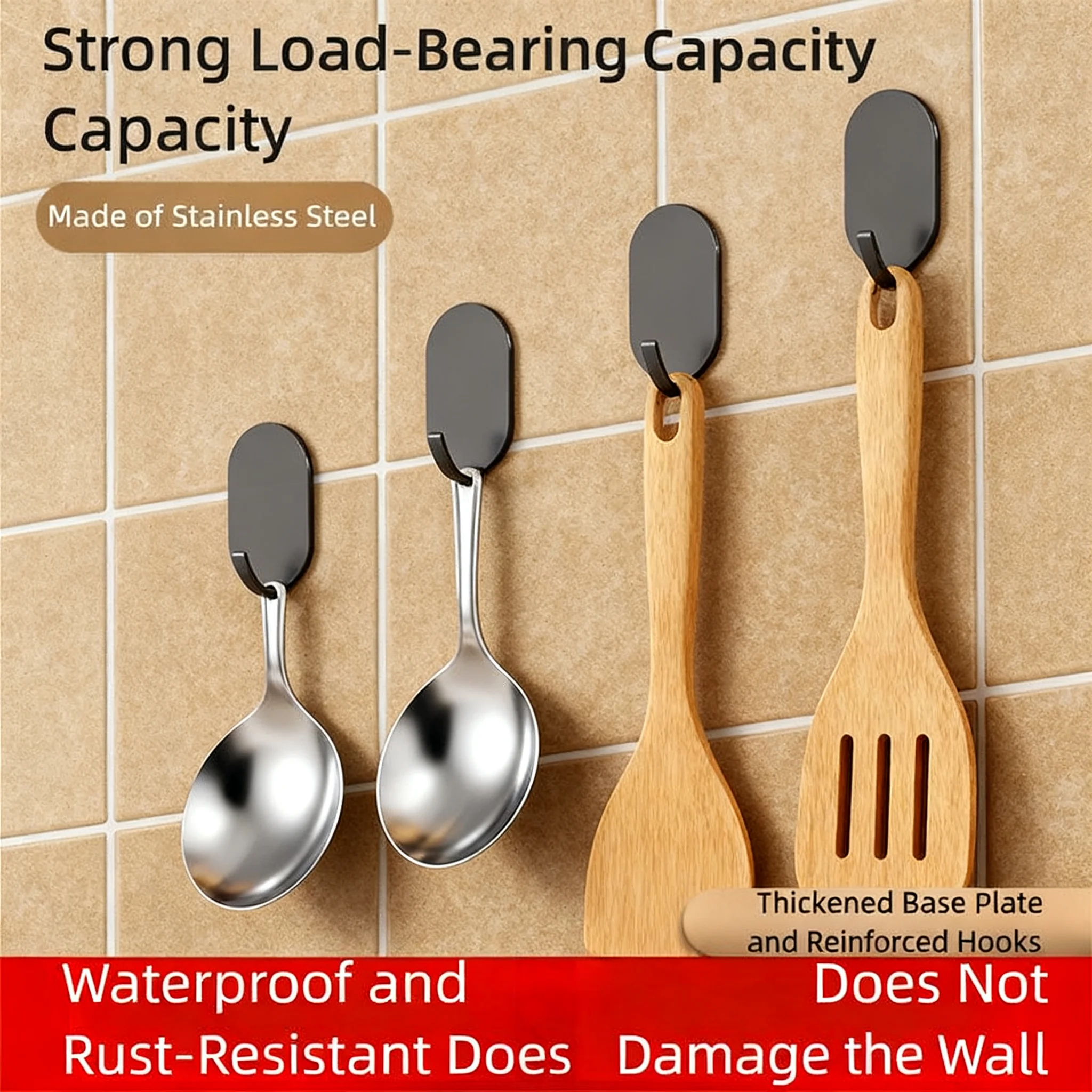 Drill-Free Load-Bearing Stainless Steel Hooks with Strong Adhesive - Trace-Free Adhesive Hooks for Kitchen, Bathroom
