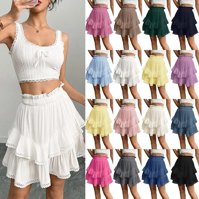 

Women's Summer Skirt Tiered High Waist Solid Color Mini Skirt Lace Trim Chiffon Ruffle Short Skirt White Pink Yellow Black