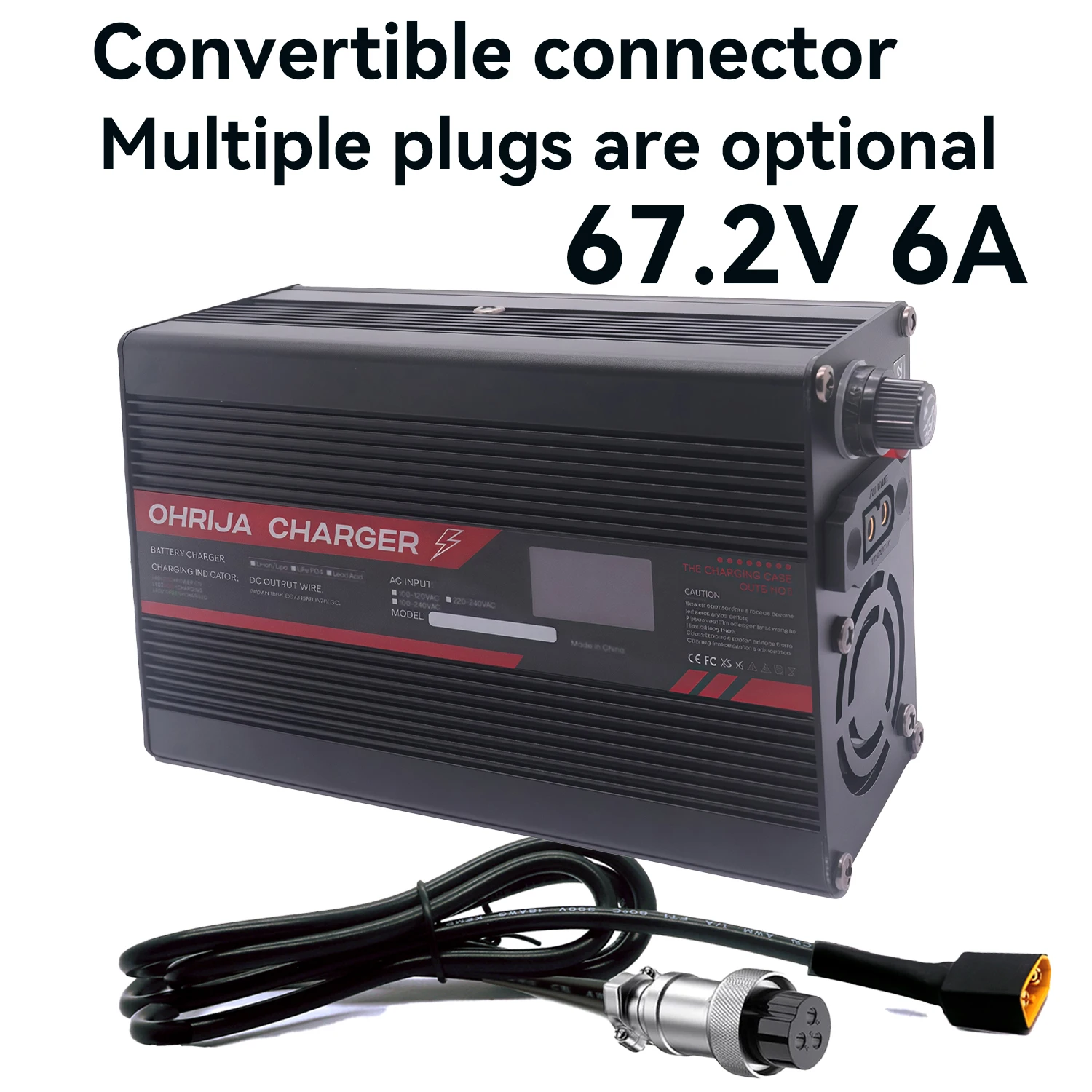 

Быстрое зарядное устройство для литиевой батареи 67,2 В, 6 А для OLED-дисплея 16S, 59,2 В и сменного разъема Быстрая стабилизация с охлаждающим вентилятором