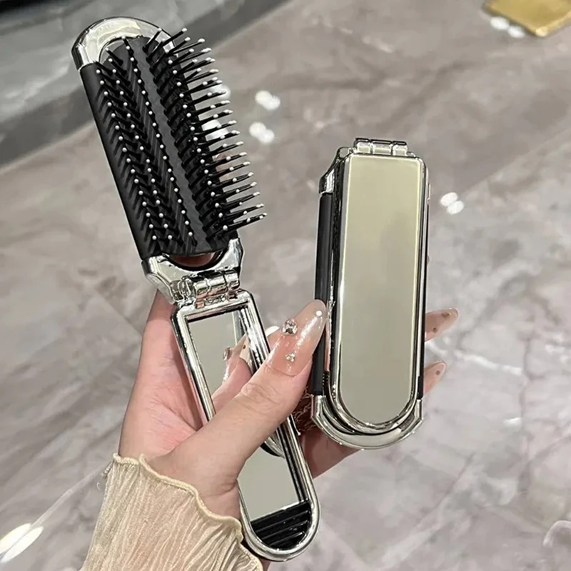 BAAG-2-In-1 Portable Folding Comb & Mirror - Diamond Air Cushion, Rhinestone Bling, Compact Travel Hair Brush & Makeup Tool