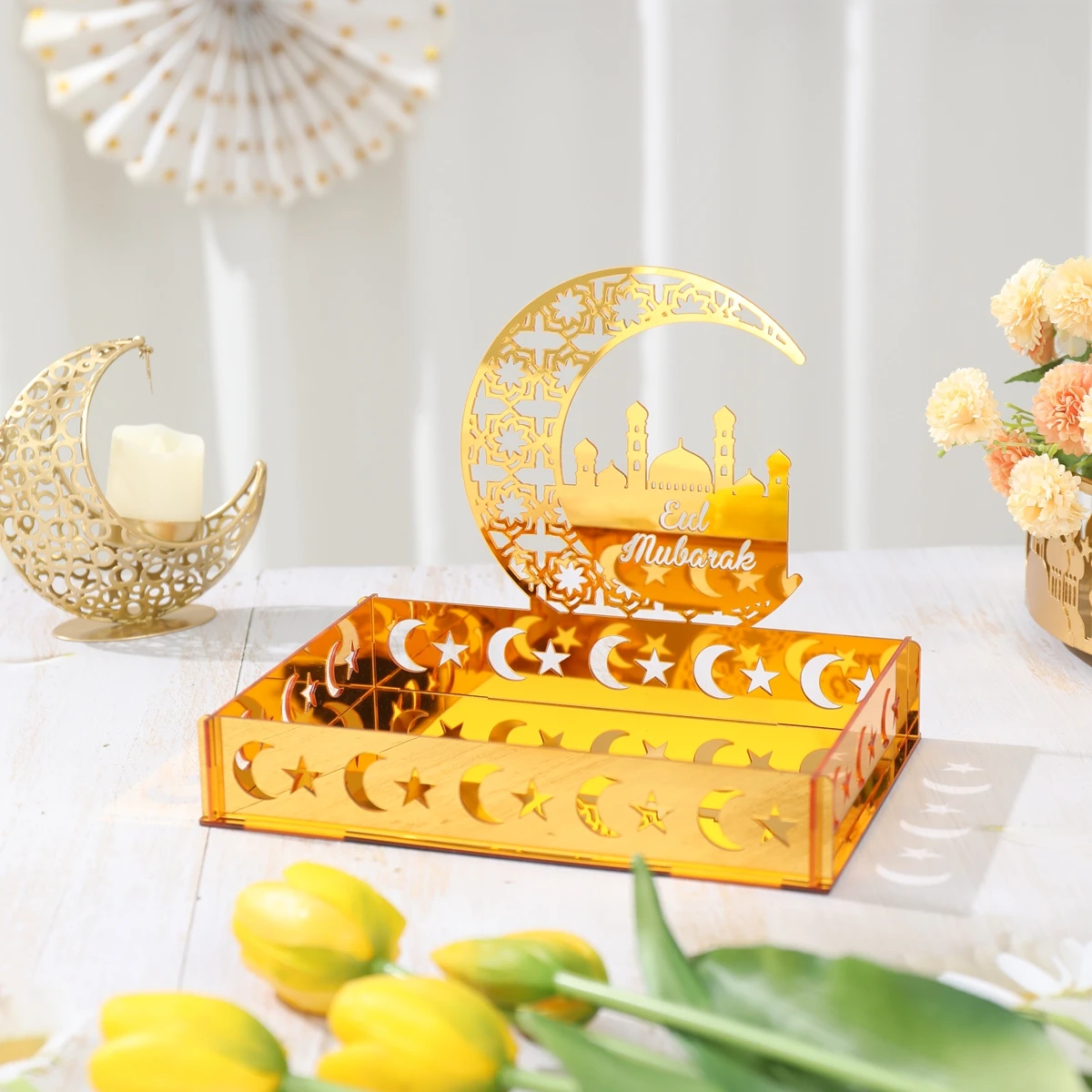 Eid Mubarak Tray Ramadan Table Centerpieces Plate Acrylic Ramadan Decorations 2025 for Home Islam Muslim Festival Party Gifts