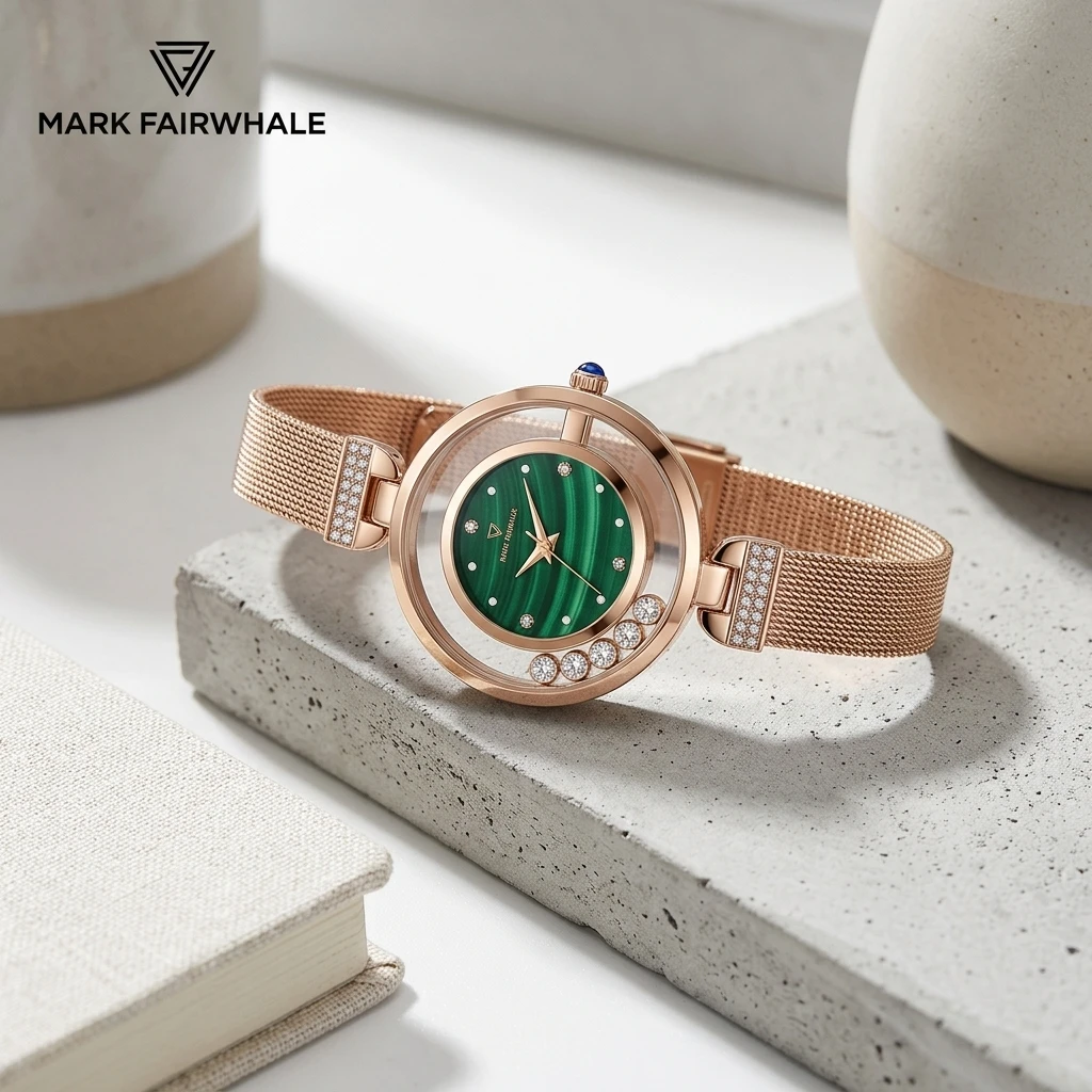 Women Round Quartz Wristwatch Mark Fairwhale Open Work Hollow Case Malachite Texture Dial Crystal Mesh Band Ladies Watch