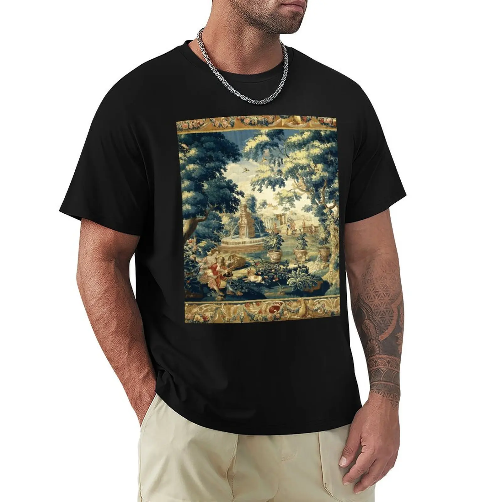 PARK SCENE WITH TREES,SITTING COUPLE AND HUNTERS IN WOODLAND LANDSCAPE Antique Flemish Tapestry T-Shirt