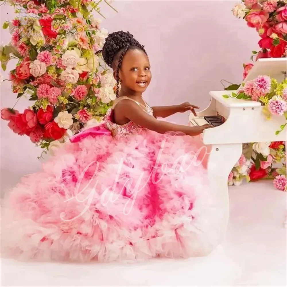 Costumes de petite fille pour la fête de mariage, robe de demoiselle d'honneur de luxe, jolie robe moelleuse rose, robe de première communion à plusieurs niveaux