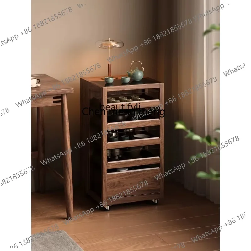 s8617 طقم شاي من الخشب الصلب خزانة عرض خزانة جانبية متحركة طاولة شاي من خشب الجوز الأسود خزانة شاي #2