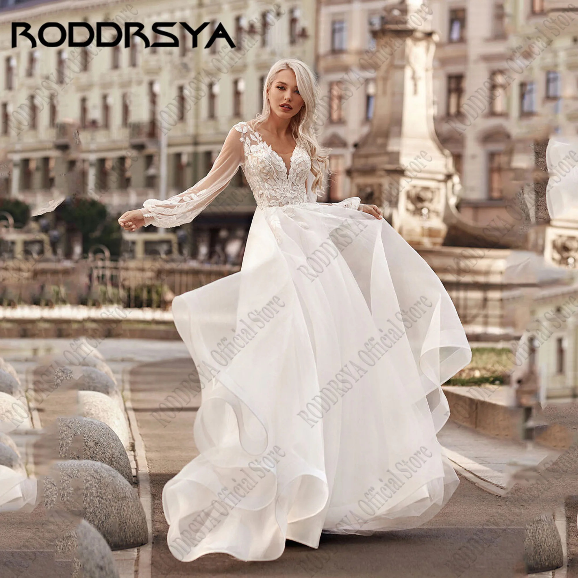 RODDRSYA Elegant A-Line Wedding Dresses Long Sleeves Applique V-Neck Bride Party Gowns Vestidos De Novia Plus Size Lace Custom