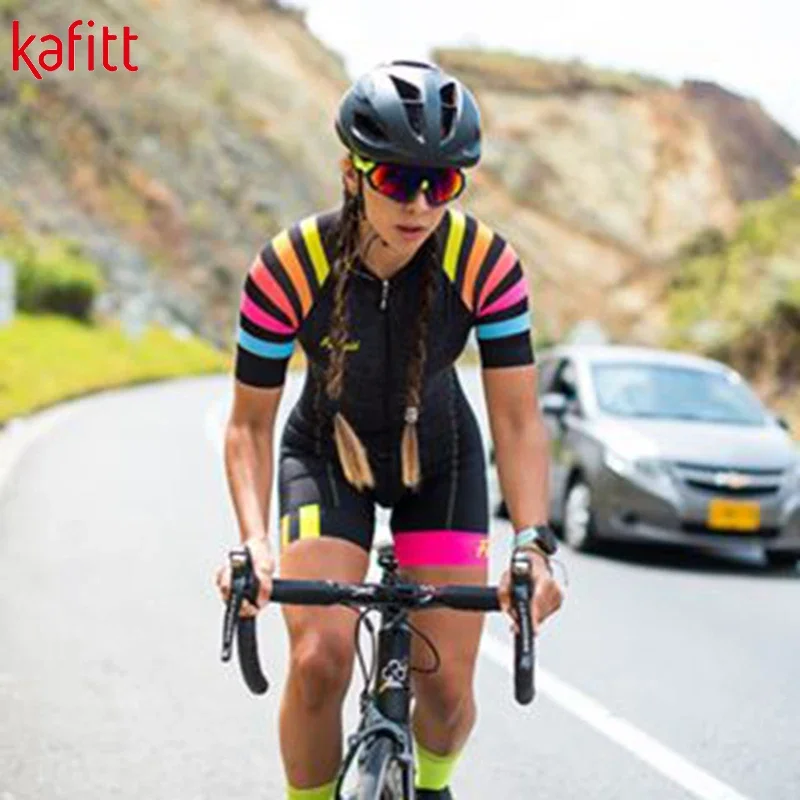 In Stock Kafitt Women's Striped Sports Jersey Jumpsuit Team Racing  Bike  Colorful Short Sleeve Suitroupa Ciclismo