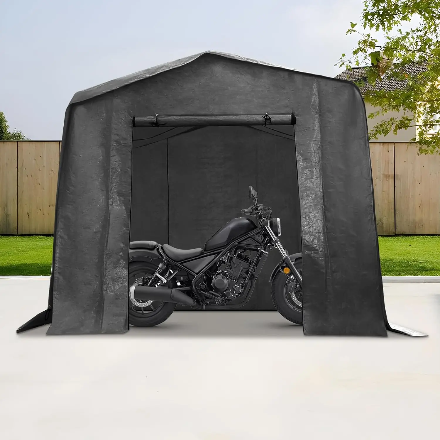 Outdoor Motorcycle Shed 10x6x6ft Roll-Up Door Peak Roof PE Cover Metal Frame Carport for Motorcycles & Bikes, Customized