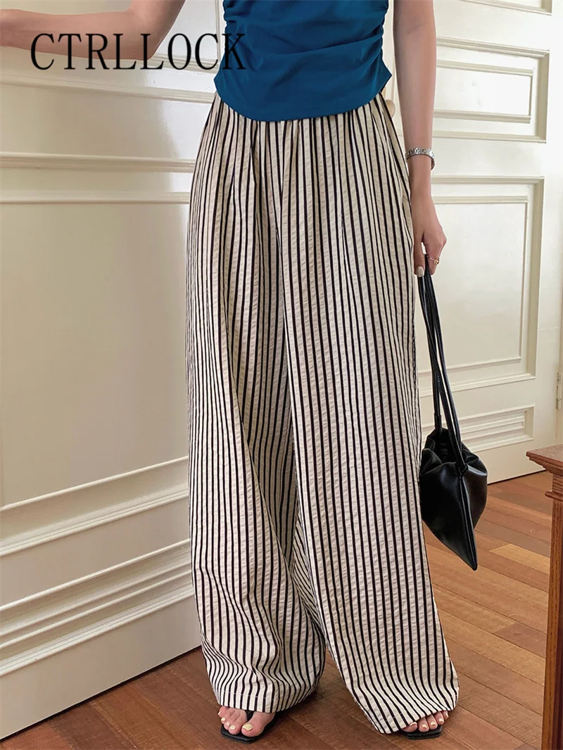 

CTRLLOCK Lazy Loose Stripes Wide Leg Pants Women's Summer Casual Pleated Straight Pants