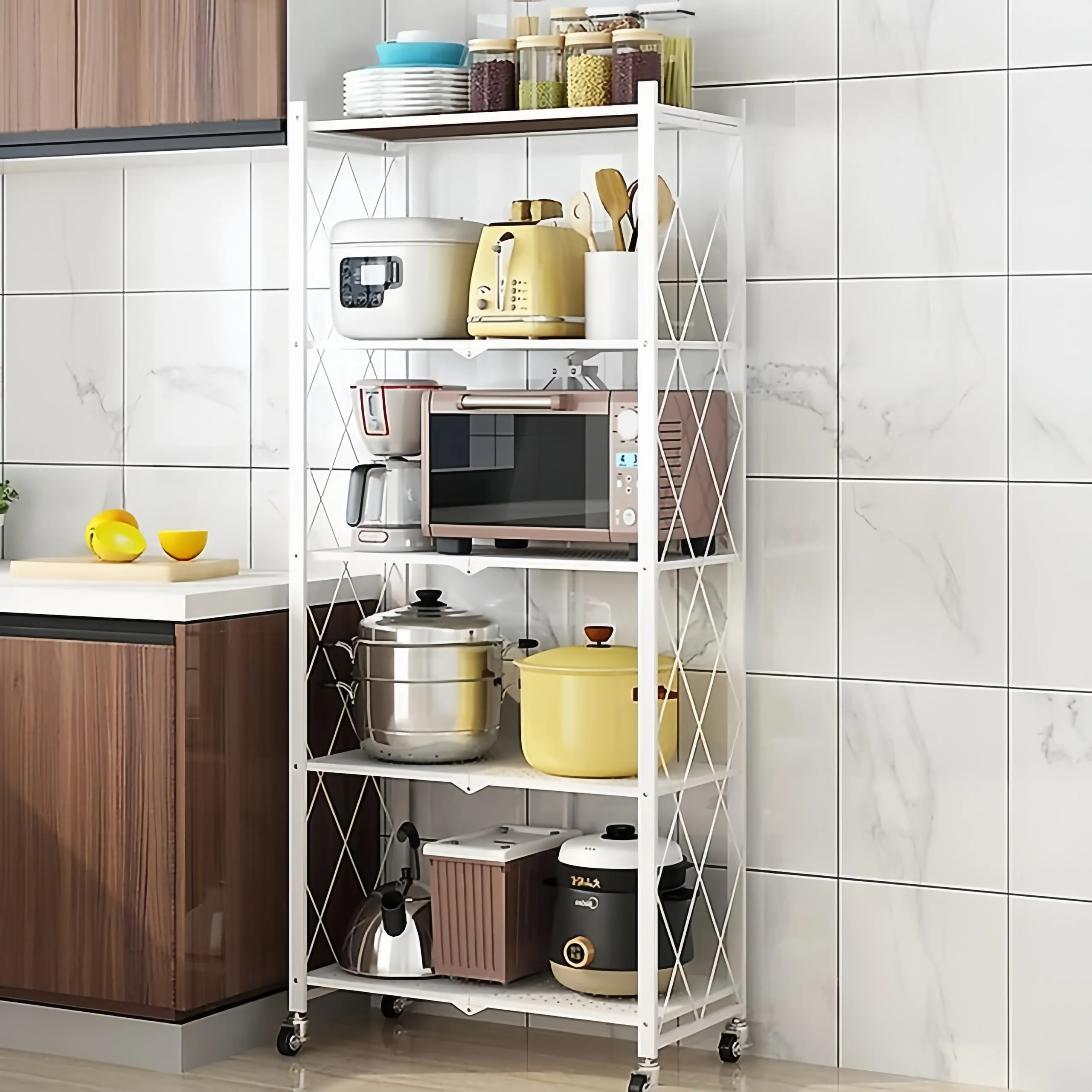 5-Layer Foldable Metal Frame Kitchen Rack Movable Standing Type Key Lock Attached Storage Shelf Wheels Space-Saving Tool Storage