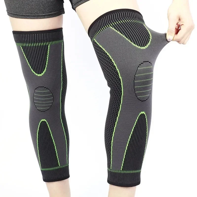 Hot Elastic Yellow-green Stripe Sports Lengthen Knee Pad Leg Sleeve Non-slip Bandage Compression Leg Warmer for Men and Women