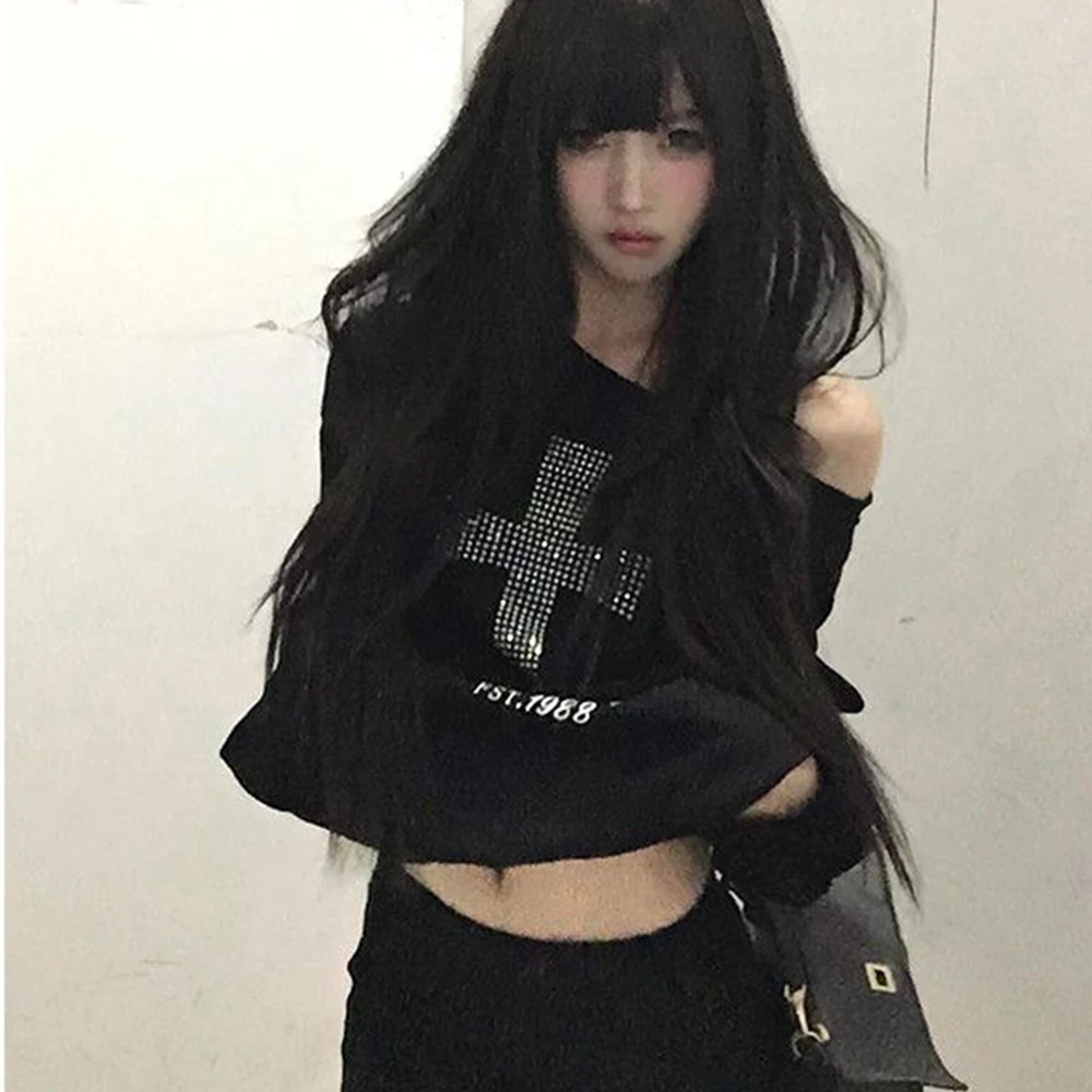 Gothic Cross Single Shoulder Pattern Hoodie Long Sleeve Black Women's Sportswear Harajuku Grunge 2000S Clothes Y2K Autumn Top