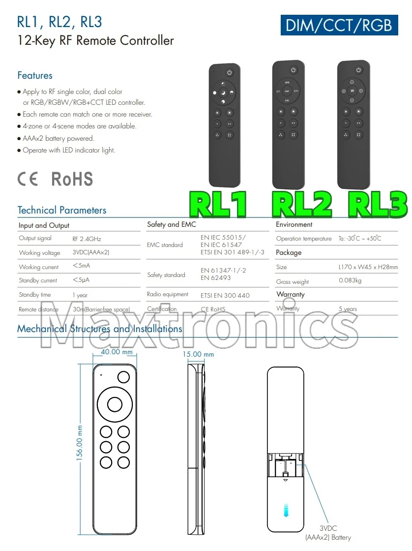 1 Zone/4Zone RL1/ RL2/ RL3 Skydance Dimming Remote Controller for Single Color/CCT/RGB/RGBW or RGB+CCT LED Strip Lights/Modules