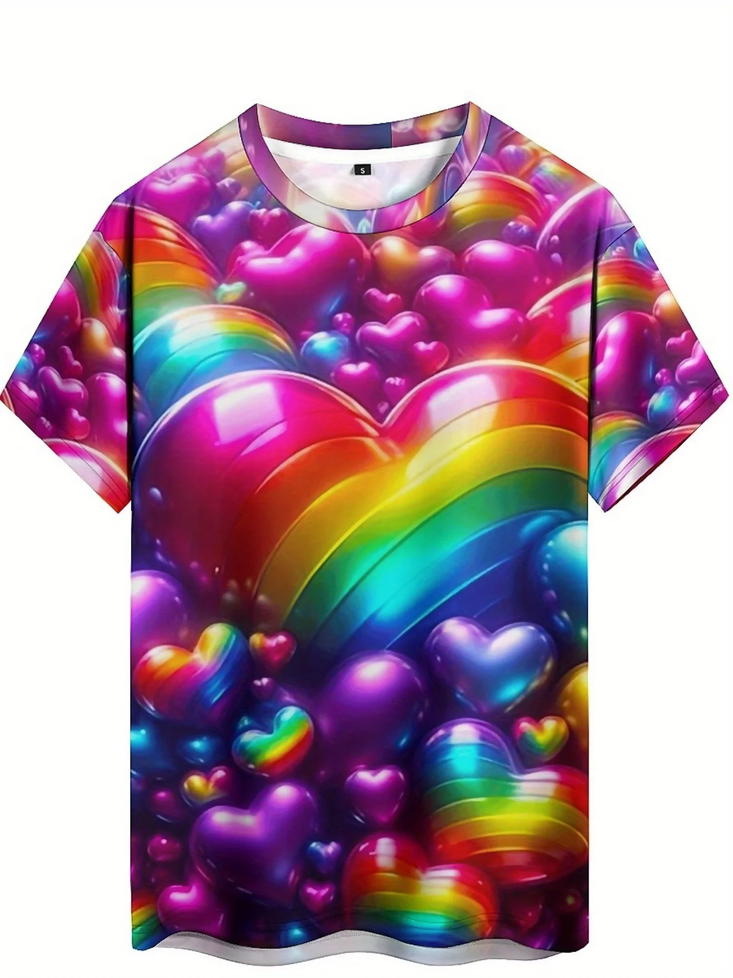 Men'S Plus Size Hip-Hop T-Shirt - Summer Essential, 3D Heart Print, Vibrant Rainbow Colors, Casual Polyester Fabric