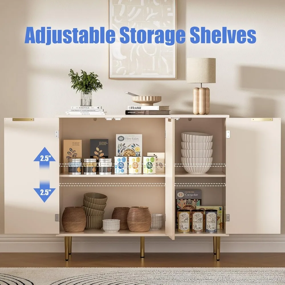 خزانة بوفيه حديثة مخددة بثلاثة أبواب مع أرفف قابلة للتعديل ومقابض ذهبية لتخزين المطبخ