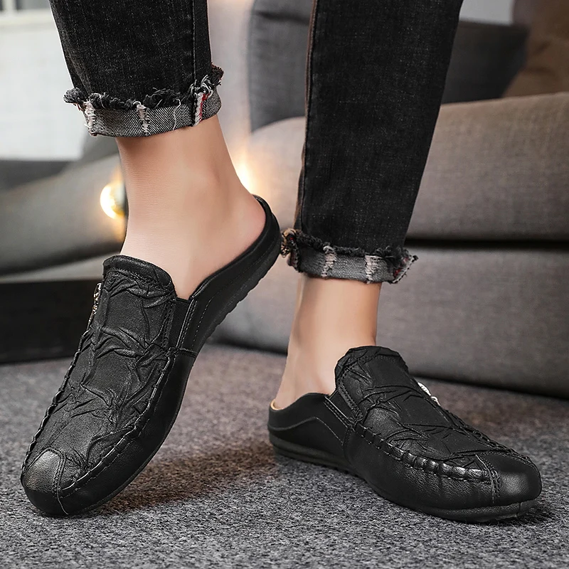 Fashion Sheepskin Mens Half Slippers Breathable Mens Casual Shoes Outdoor Men Loafers Lazy Shoes Flats Comfortable Male Sneakers