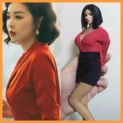 1/6 Scale Female Sexy Office Lady Clothes Suit Deep-V Red Blouse Black Mini Hip Skirt for 12