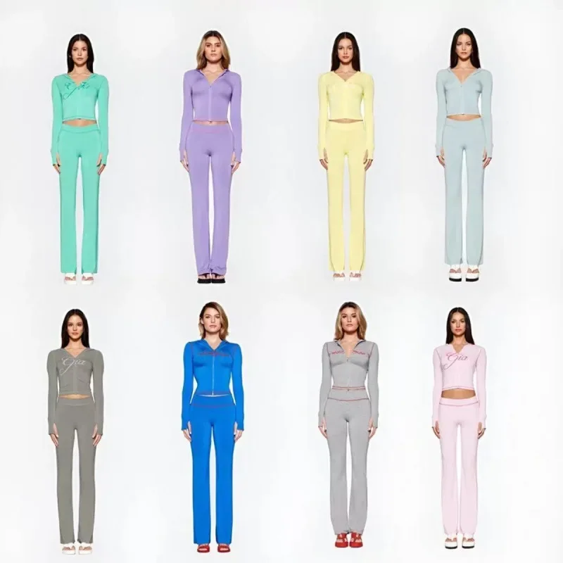 

Iamgia облегающий комплект с открытой нитью и буквенным принтом спереди, облегающий комплект с капюшоном и молнией, короткая куртка и брюки