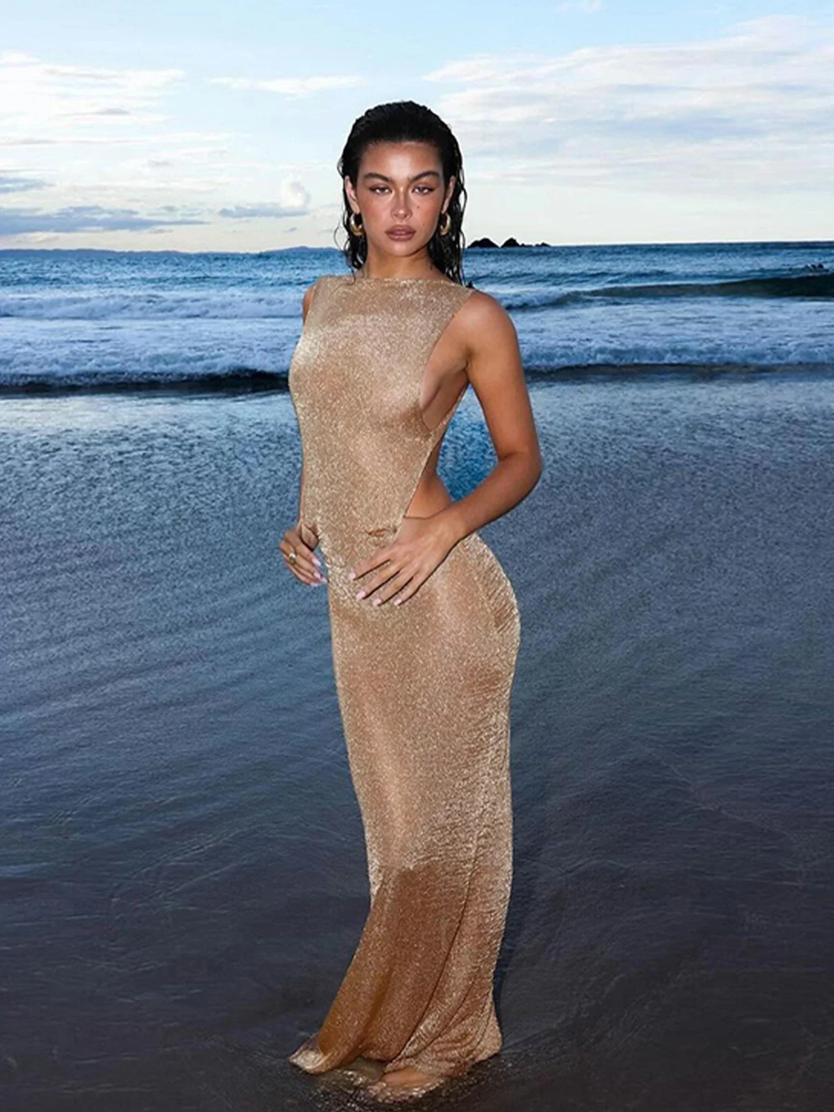 Solid Color Sexy Backless Slim Slit Halter Beach Maxi Dress 2025 Women Summer Swimsuit Cover Up Elegant Party Club Outfit A3183