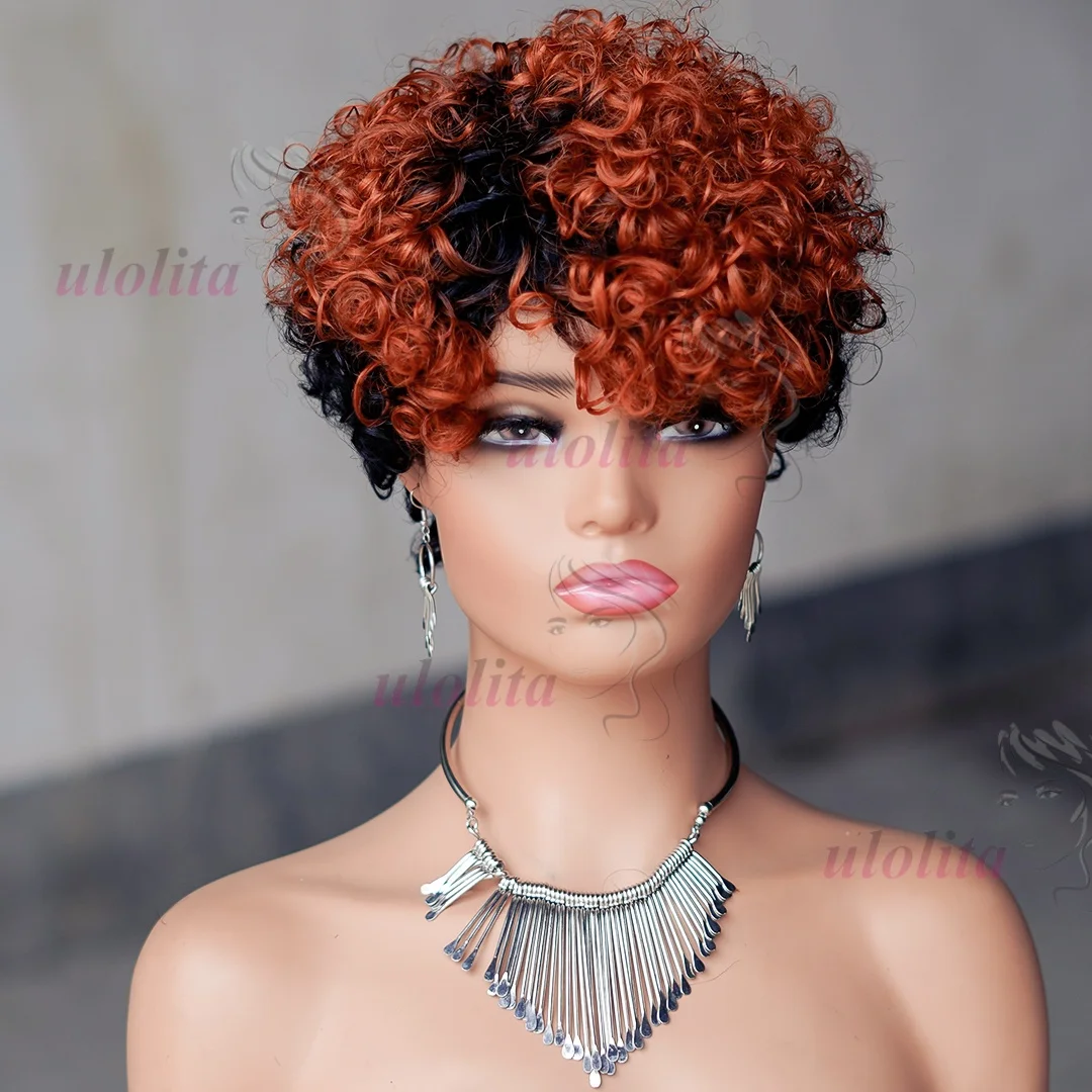 Pixie-Locken-Kurzhaarperücke aus Echthaar, maschinell gefertigt, für Frauen, kurze Perücke, Farbe 99J Burgunderrot, natürlicher Look, für den täglichen Gebrauch. – Detail 2