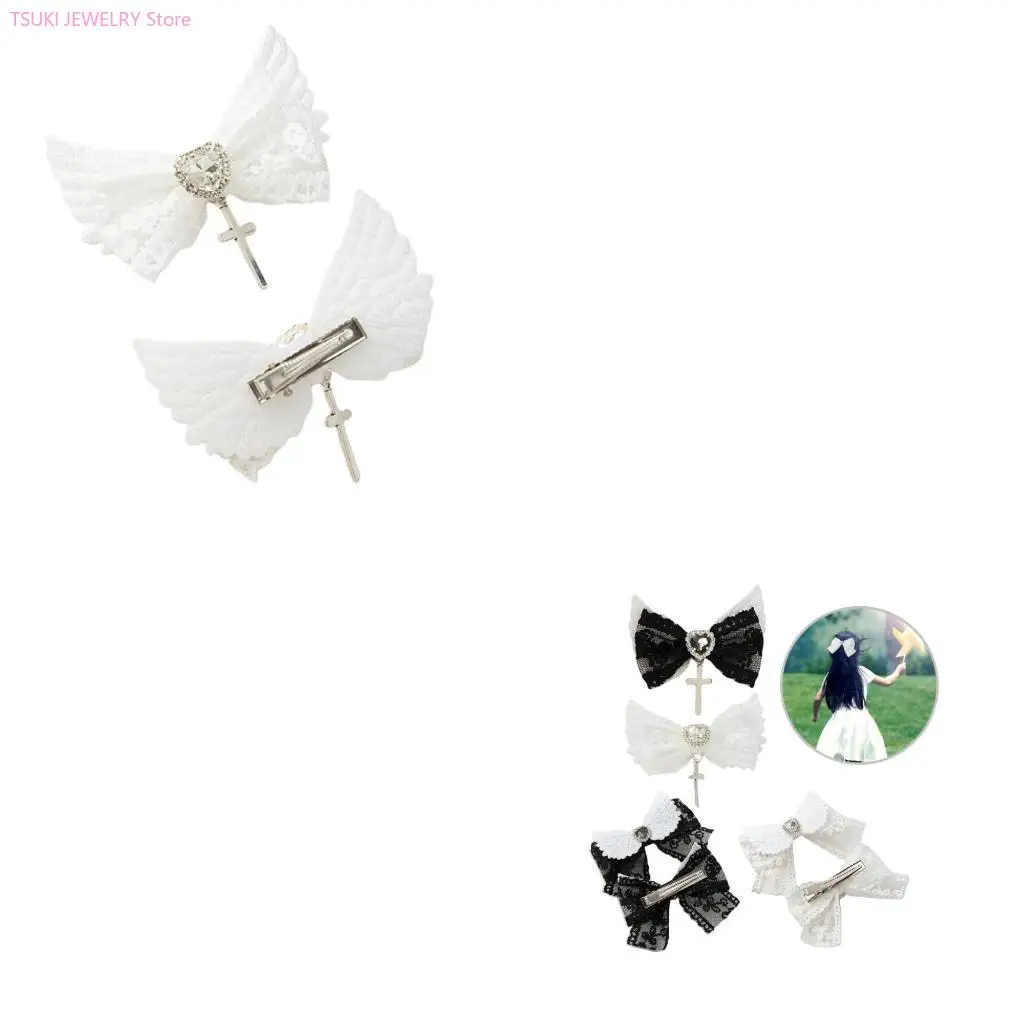 

62KE Bows Hair Clip Balletcore Heart Bowknot Black Headwear Elegant Hairpin