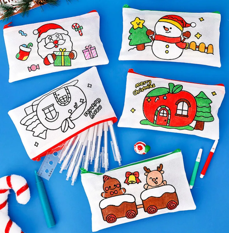 Cartone animato Natale Graffiti Astuccio per matite Scuola materna Disegno fatto a mano Regalo di cancelleria Bambini Ragazzi Ragazze Bambini Borsa per penne colorate fai-da-te