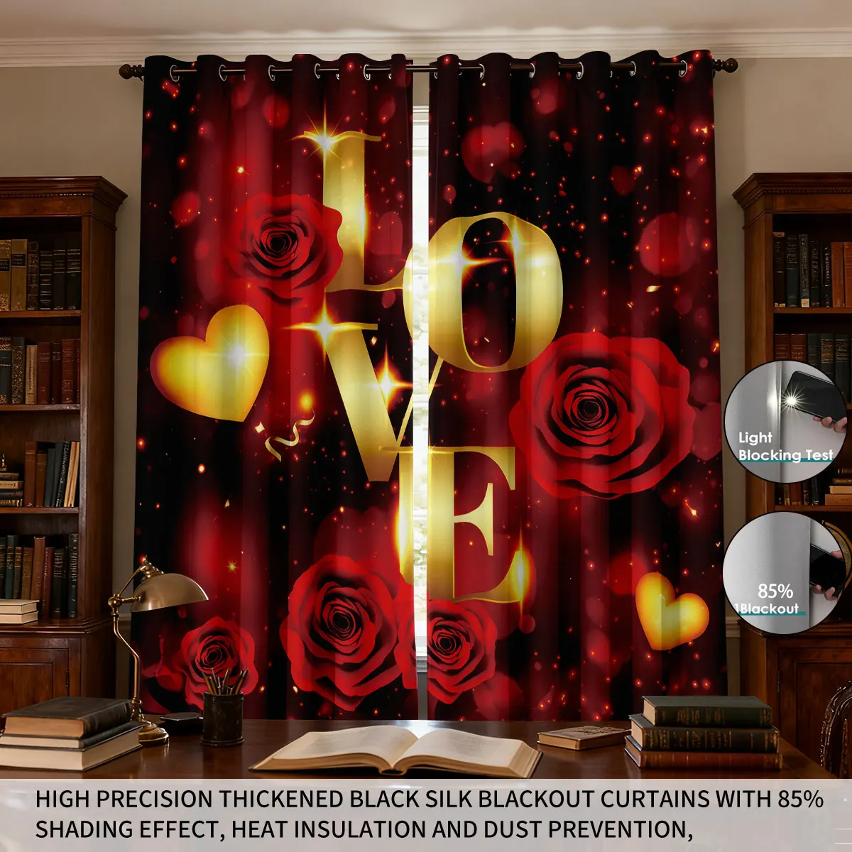 2pcs Valentine's Day Romantic Red Rose Print Perforated Blackout Curtains, Multi Size Living Room Insulation Decoration