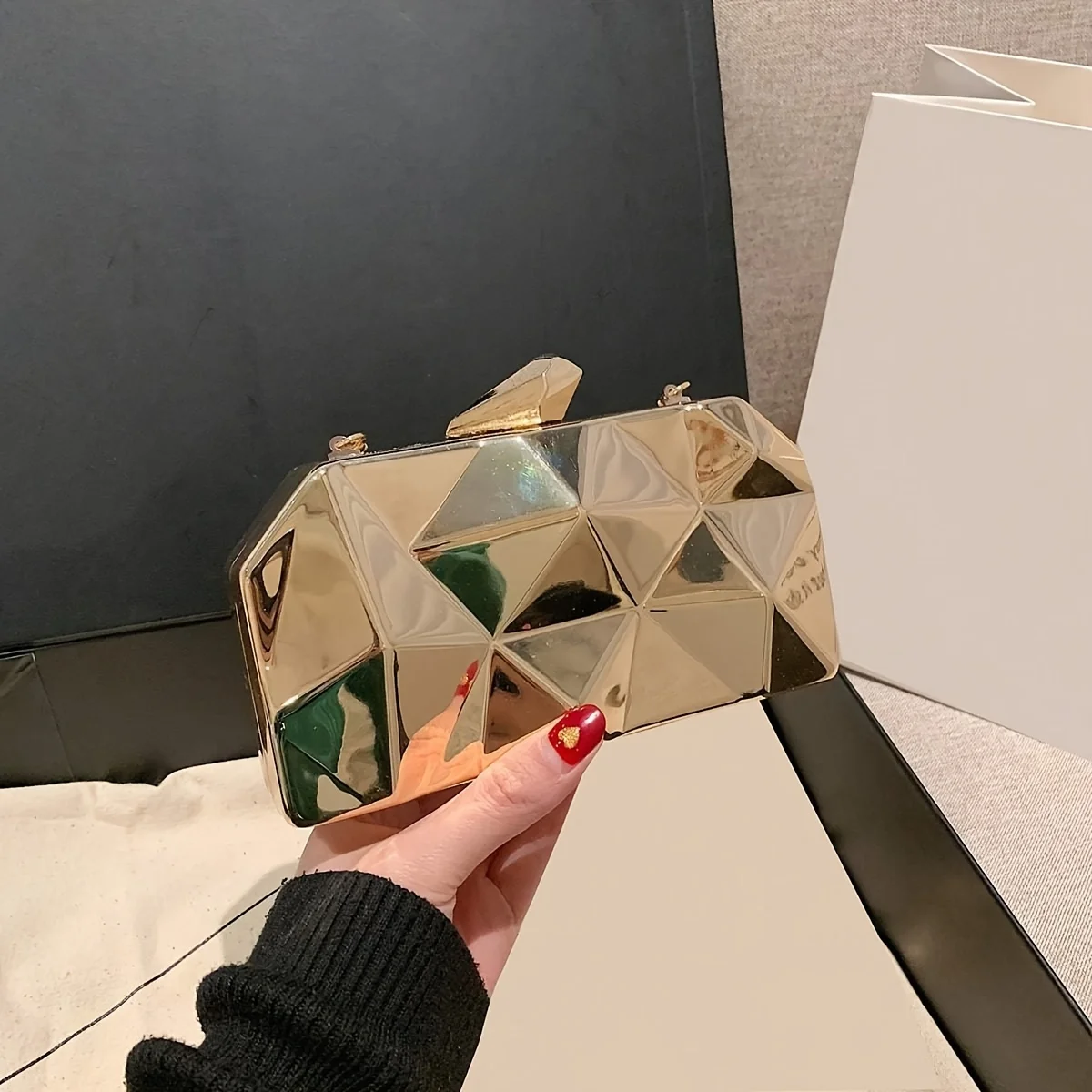 Elegant Mini Evening Bag, Shiny Geometric Box Bag, Classic Bright Clutch Dinner Bag For Carnaval Use