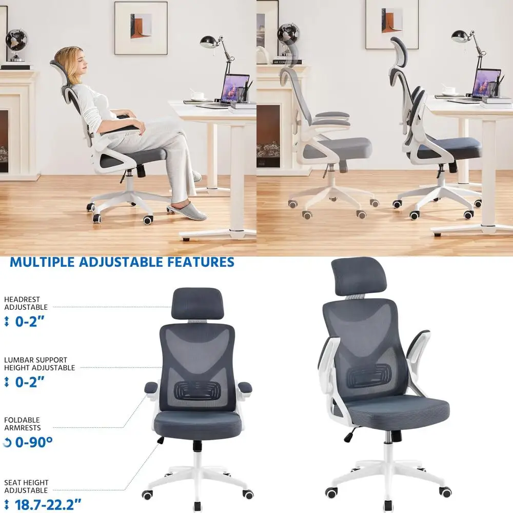 

Ergonomic High-Back Mesh Office Chair with Flip-Up Armrests, Adjustable Lumbar Support for Home or Gaming, White/Gray