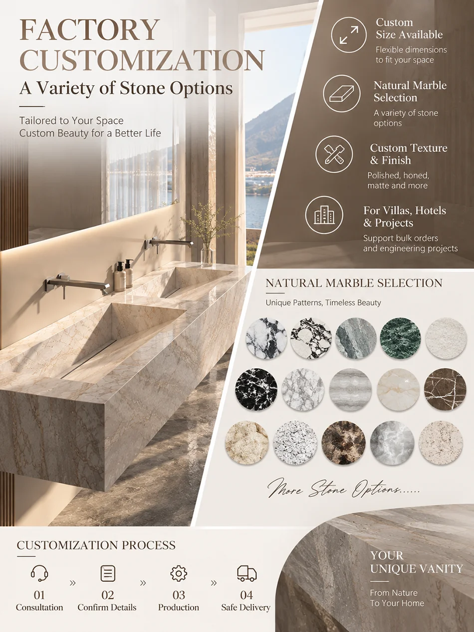 Any Size Custom Luxury Natural Stone Bathroom Vanity Set Integrated Sink Single Double Sink Stain Resistant Waterproof Durable H
