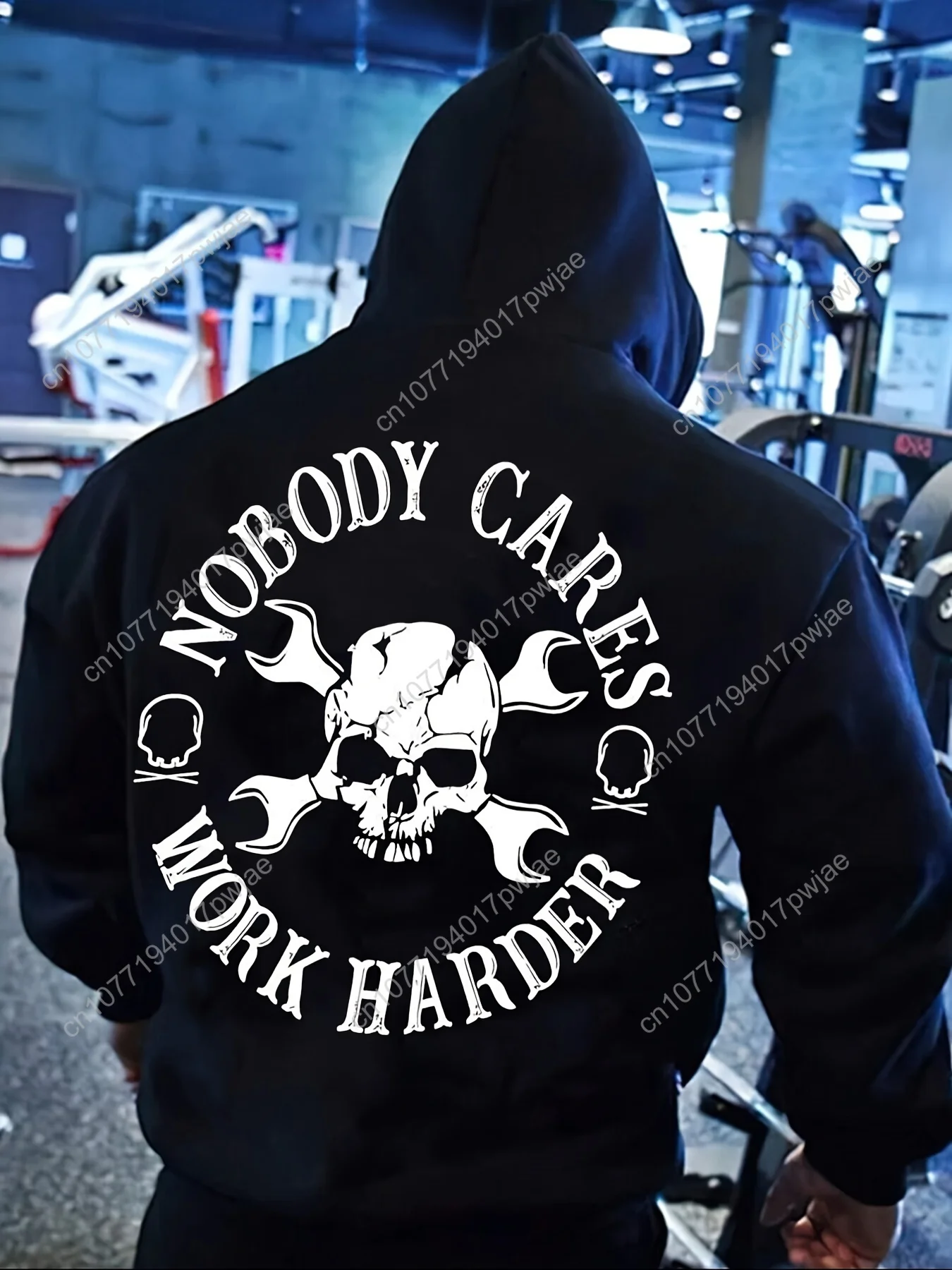 เสื้อฮู้ดผู้ชาย - เสื้อสเวตเชิ้ตสีเบจพิมพ์ลายกราฟิกตัวอักษรใหญ่คำว่า "NOBODY CARES", เสื้อฮู้ดทรงหลวมสำหรับออกกำลังกาย, สตรีทแวร์ และใส่ในชีวิตประจำวัน