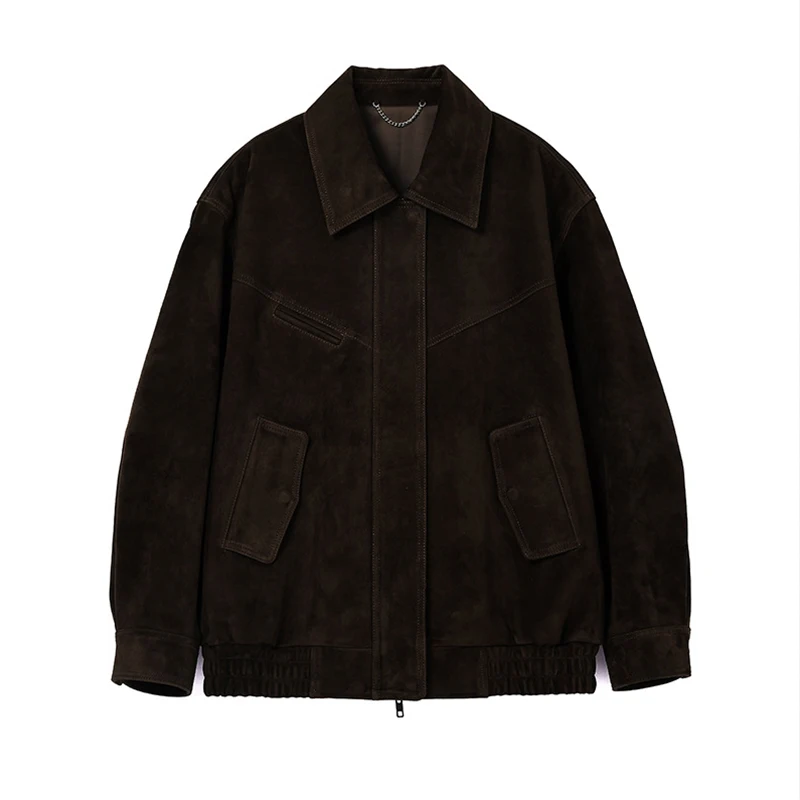 Giacche in pelle scamosciata per bambini in pelle di capra di alto lusso per donna 2025 Nuova giacca in pelle scamosciata con silhouette allentata retrò Cappotto in vera pelle femminile