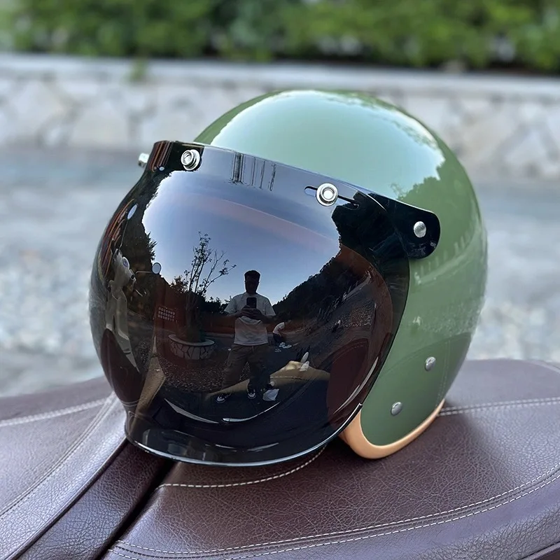 Personalisierter offener Helm im Vintage-grünen Stil, Vintage-Motorradausrüstung mit kratzfestem Blasenvisier-Gehörschutz