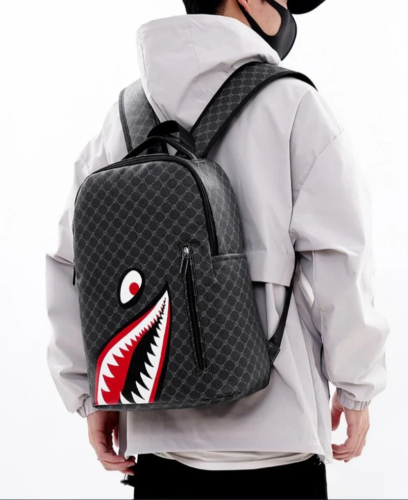 Men\'s Fashion Simple Shark Mouth Backpack Checkered Student Schoolbag Male 15 inch Computer Backpack Shoulder Bag