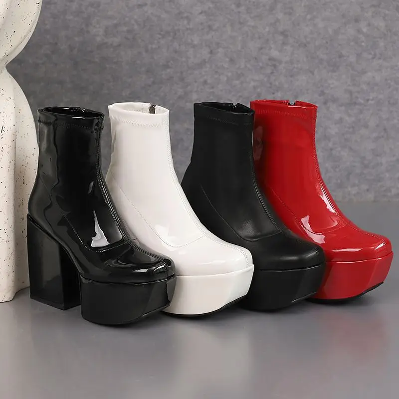 ORCHALISA مثير براءات الاختراع والجلود النساء عالية منصة حذاء من الجلد حذاء بكعب سميك 12 سنتيمتر أسود أحمر Pluz حجم 46 47 48 يؤرخ بوتا #3