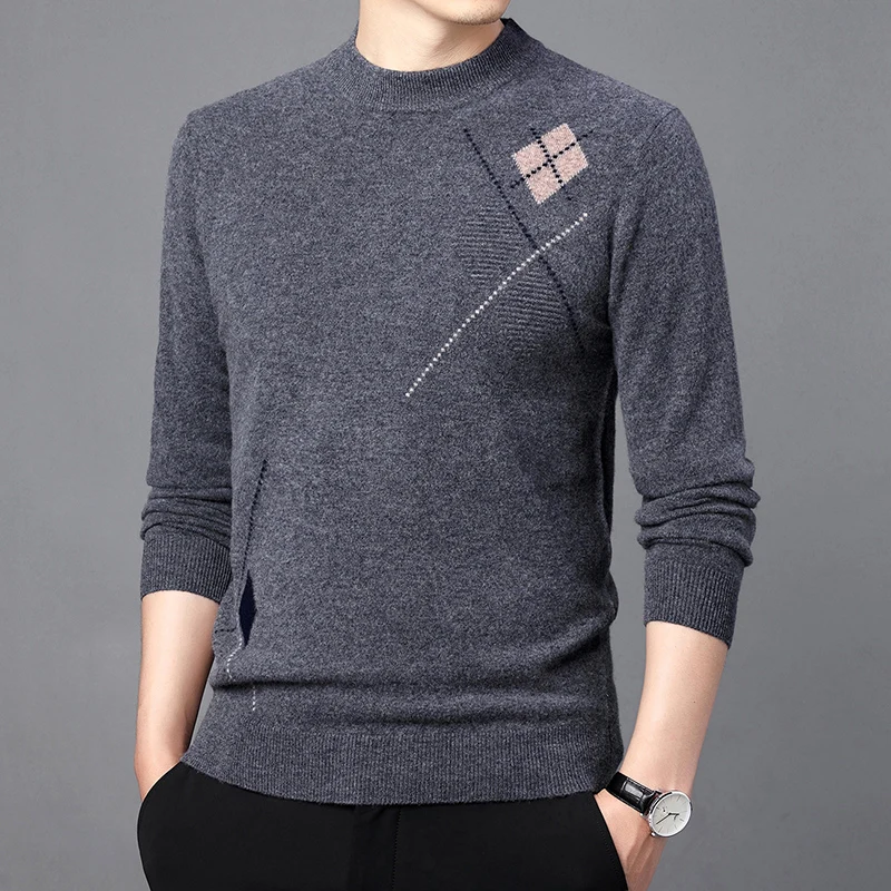 

Winter Thick Pure Wool Sweet Keep Warm round Neck Young and Middle-Aged Casual Diamond Plain Inlay Men's Sweater