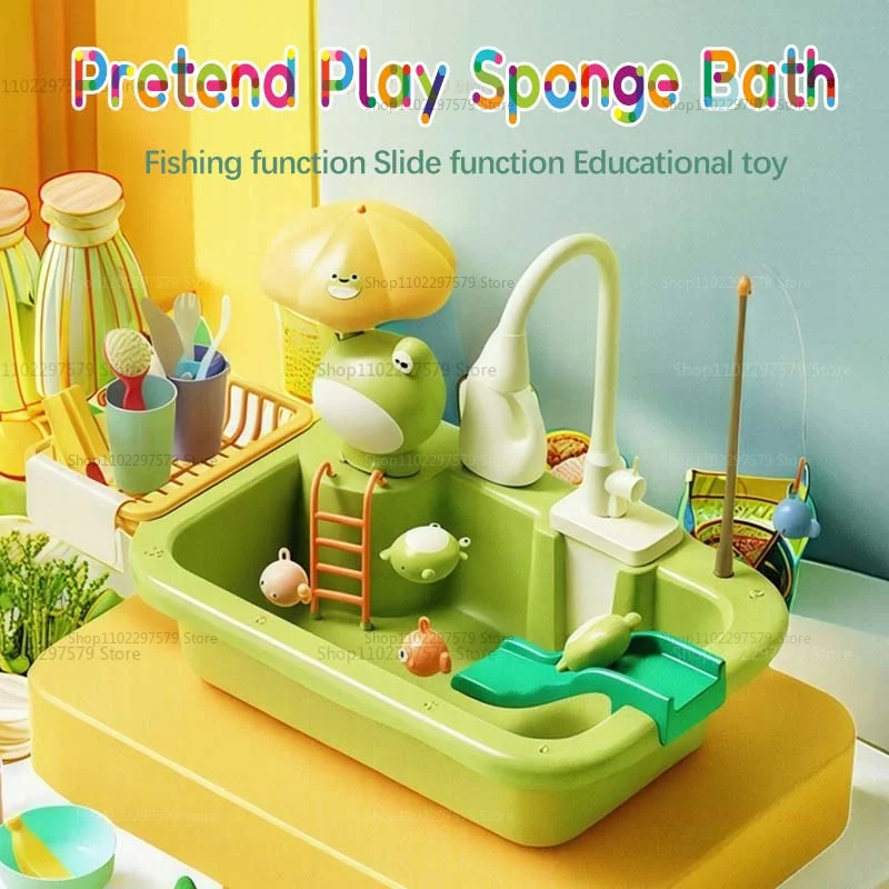 Juego de fregadero de cocina para niños con lavavajillas eléctrico, juguete para correr, comida de imitación de agua, juguetes de pesca, juego de rol, regalo para niños y niñas