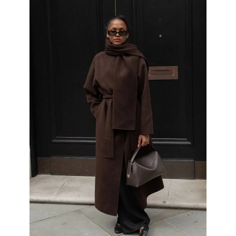 

Винтажное коричневое женское пальто с шарфом и воротником 2024, с поясом F, модная женская верхняя одежда, осенний сезон, другой материал