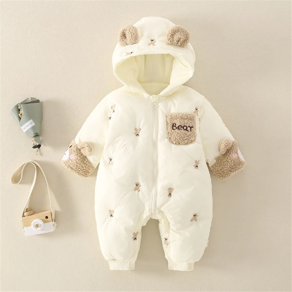 2022 Long Sleeve Baby Cotton Newborn Clothes Cartoon Bear Design Hooded Thicken Romper 0-12 Months Clothing